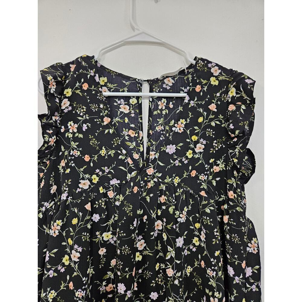 Mustard Seed Floral Short Sleeve V-Neck Key Hole Dress Romper Size M Pockets - Picture 2 of 10